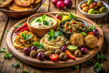 Savor authentic Middle Eastern flavors: hummus, falafel, pita, olives, and a medley of mezze delights.
