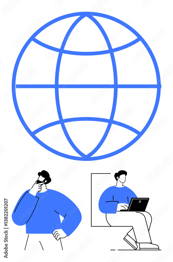 Aufkleber globe representing global connection with professionals pondering and working on laptops. ideal for 