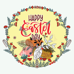 Colorful  Happy Easter Day  greeting with floral and egg designs on a speckled background.