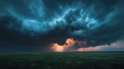 Obraz premium Dramatic thunderstorm over a prairie with lightning strikes near the horizon