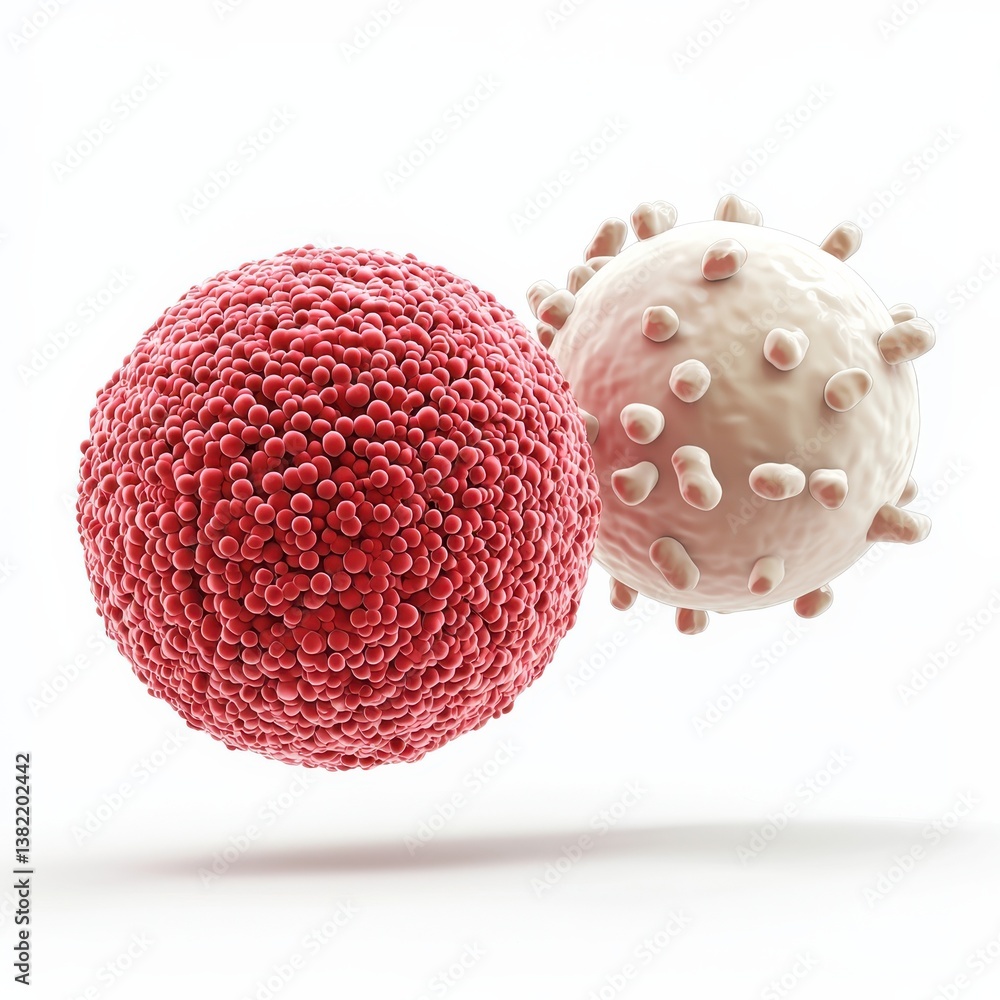 Poster highly detailed and textured microscopic view of a red blood cell and a white blood cell representin