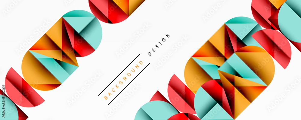 Aufkleber Colorful geometric shapes create dynamic composition. Overlapping layers form abstract patterns. Bright hues contrast against white space. Modern design element.