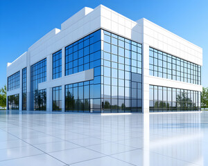 Modern white glass office building with clear blue sky