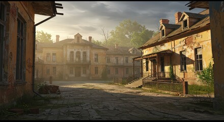 Fototapeta premium Sunlit Ruins: A Forgotten Village's Silent Story
