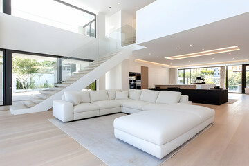 Modern white sectional sofa in spacious, open-plan living area with high ceilings and glass doors