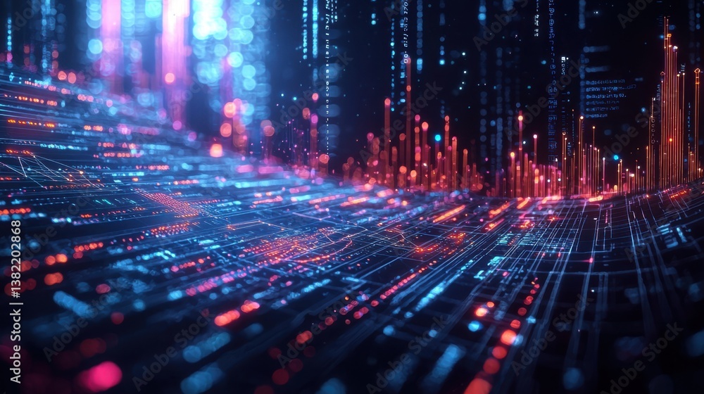 Poster a vibrant, abstract digital landscape displaying colorful data streams and light patterns, symbolizi