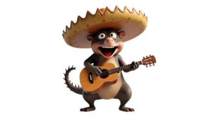 Cartoon Opossum Playing Guitar Wearing a Sombrero against Black Background