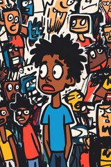 Obraz premium Cartoon man in crowd with anxious expression 