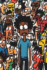 Obraz premium Cartoon man in crowd with anxious expression 
