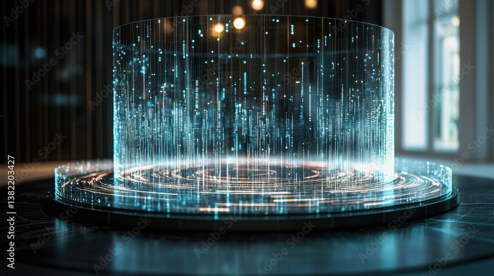 Poster a futuristic holographic display with flowing data streams, showcasing advanced technology and innov