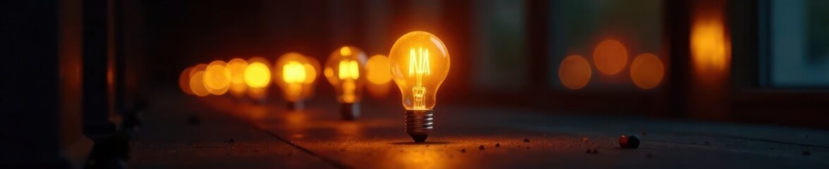 A row of light bulbs with one glowing bulb at the end, surrounded by darkness, darkness, solitude,