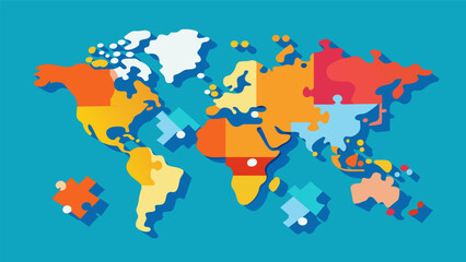 Naklejka premium A map made up of puzzle pieces each representing a different countrys social media landscape and how they all fit together to form a global picture.. Vector illustration