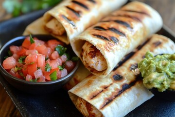 Grilled Burritos Served With Salsa And Guacamole On A Plate