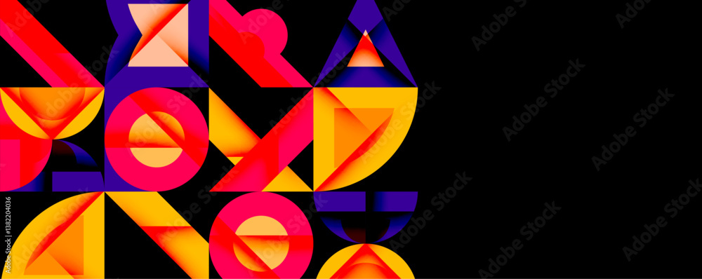 Poster Bright geometric shapes overlap on black background. Vivid colors create dynamic composition. Abstract design evokes modern aesthetic.