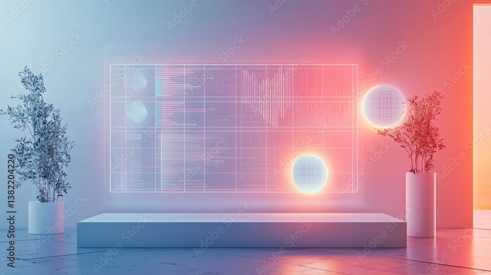 Aufkleber a modern, digital workspace featuring a holographic display with data visualizations, complemented b