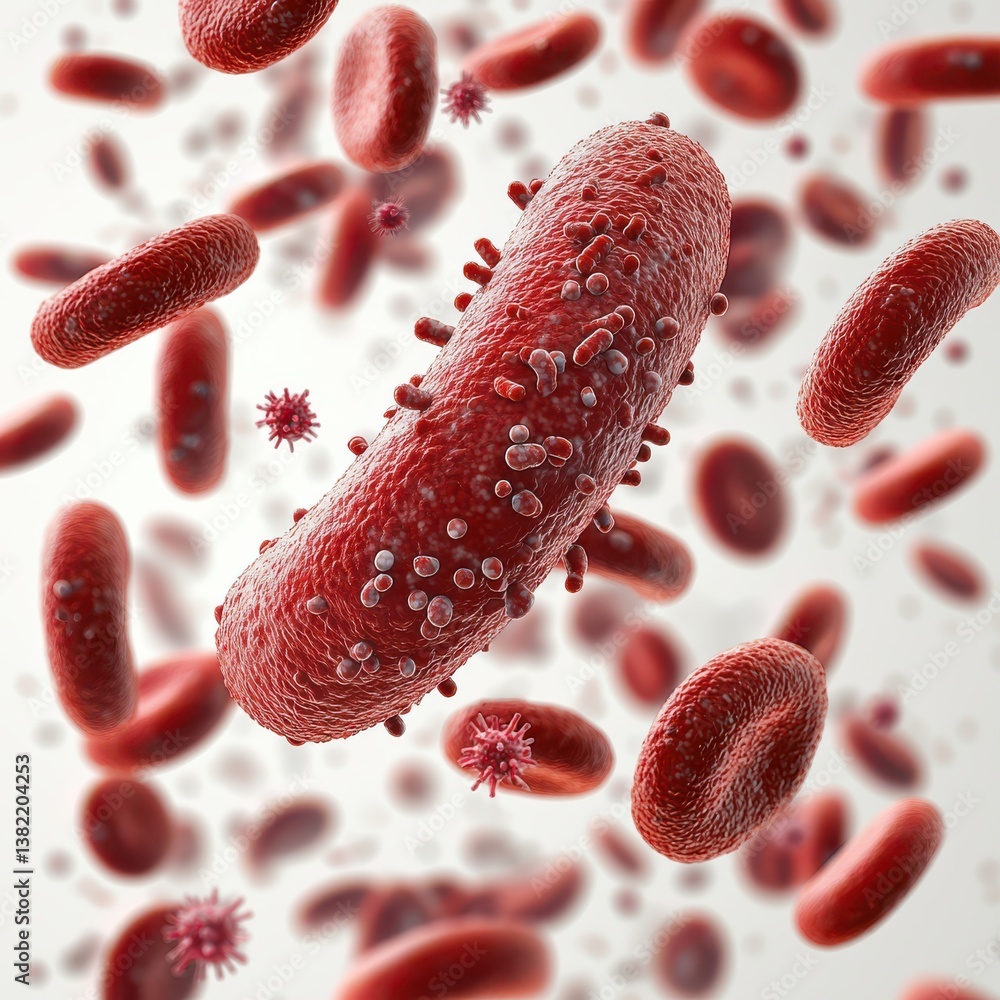 Poster a microscopic image showing a red blood cell surrounded by various types of bacteria indicating an i