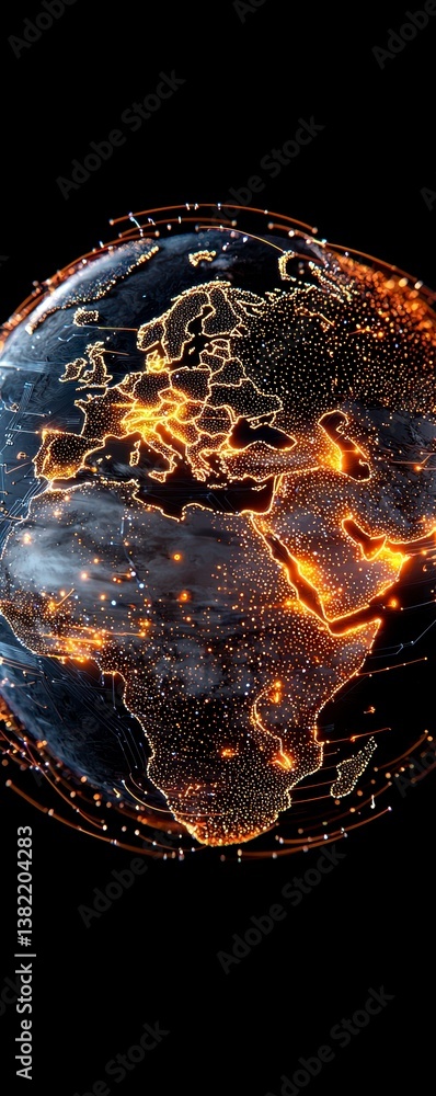 Poster visualizing global connectivity illuminated earth globe digital artwork abstract dark background con