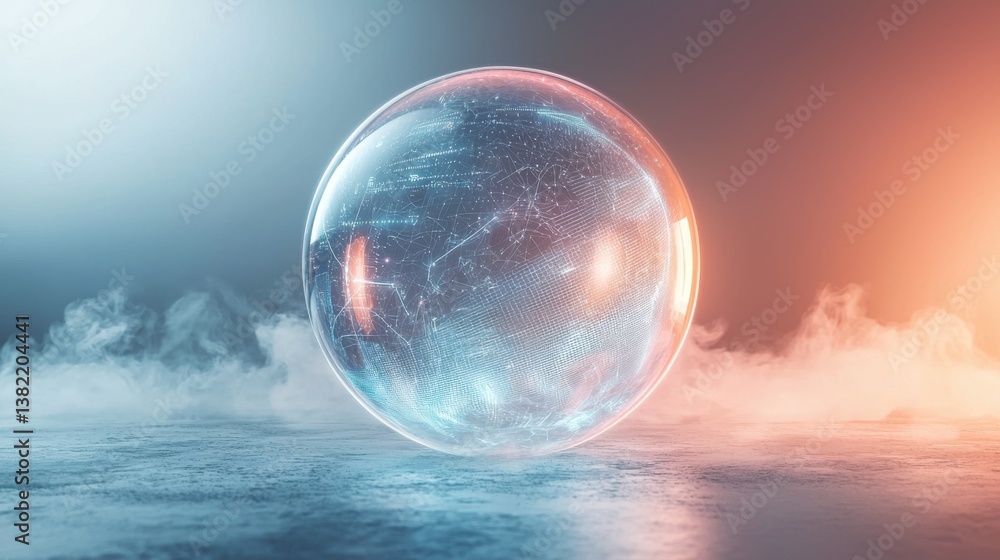 Poster a translucent sphere with glowing patterns, surrounded by mist and soft lighting, creating a futuris