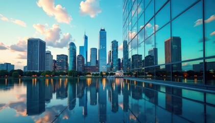 Obraz premium Skyline mirrored in modern glass building facade, real estate, image, property