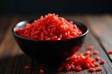 Black bowl overflowing with uncooked red rice on dark wood table , food photography, dark table, healthy