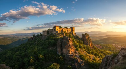 Fototapeta premium Sunset over Medieval Fortress on Majestic Mountain Peak