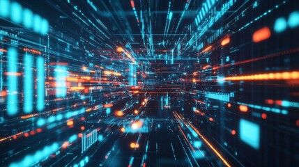 Obraz premium A dynamic, abstract representation of data flow, showcasing vibrant blue and orange lines moving through a digital space, suggesting speed and technology.