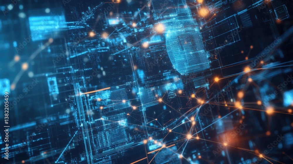 Poster a futuristic digital network with glowing blue lines and nodes, representing data flow and technolog