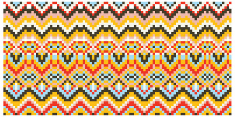 Colorful pixelated zigzag pattern with a mosaic-like appearance, The bold colors and geometric shapes give the pattern a modern and stylish feel.