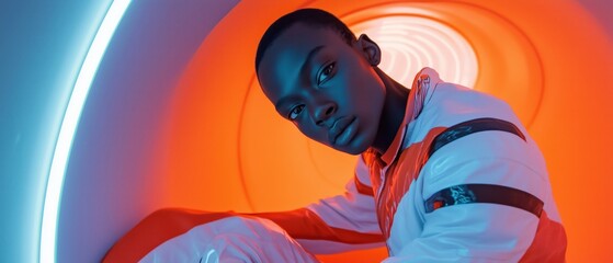 Young black male model in vibrant tunnel with blue and orange neon lights, wearing futuristic sportswear, intense gaze.