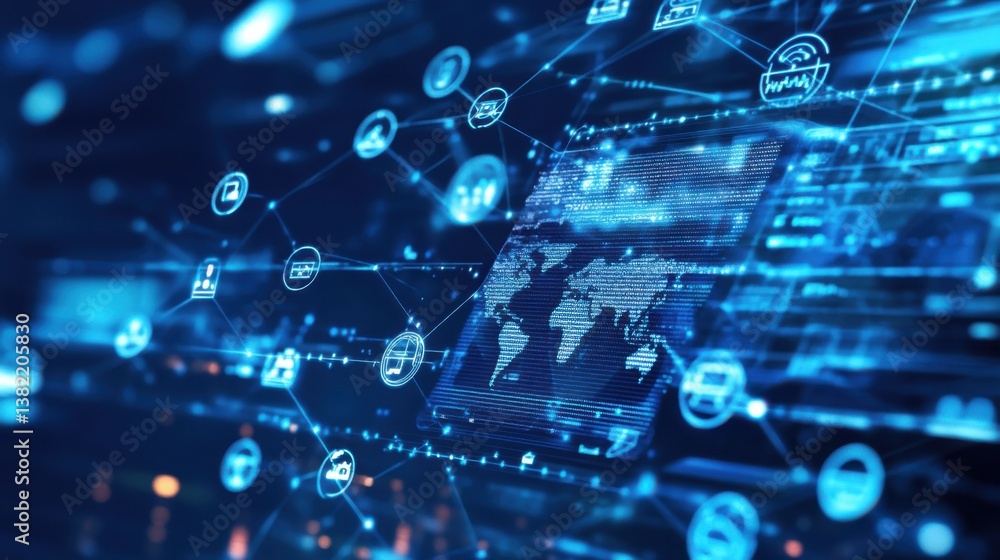 Poster a futuristic digital interface displaying interconnected data points and a world map, showcasing tec