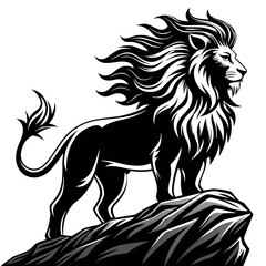 A majestic, fierce lion silhouette dramatically perched atop a rugged rock, showcasing its powerful posture at sunset.