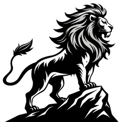 A majestic, fierce lion silhouette standing proudly atop a rugged rock, its mane flowing in the wind, a dramatic sunset backdrop.