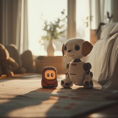 Cute robot dog and mini bot illuminated by warm morning sunlight