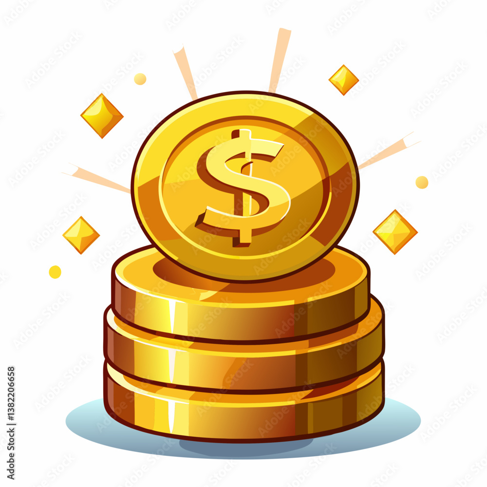 Poster design a stack of gold coins icon, featuring a glowing dollar sign ($) subtly embedded within the to