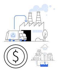 Recycling truck at factory, eco-friendly symbols, dollar savings icon, renewable energy system, showcasing sustainability concepts. Ideal for environment, recycling, economy, green technology energy