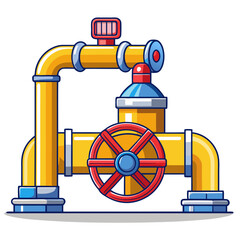 Detailed close-up of a gas pipeline featuring prominent safety labels and a red emergency shutoff valve.  Focus on the industrial details.