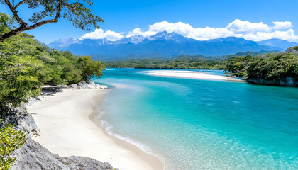 Serene tropical river meets pristine white sand beach, backed by lush greenery and majestic mountains under a vibrant blue sky