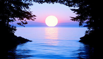 Serene sunset over calm water, viewed through silhouetted trees