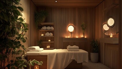 serene spa sanctuary with warm lighting wooden accents and lush greenery evoking a sense of tranquility and relaxation ideal for wellness promotion