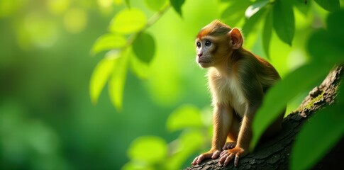Fototapeta premium A brown monkey sitting amidst green foliage on a tree, primate, jungle, nature scene