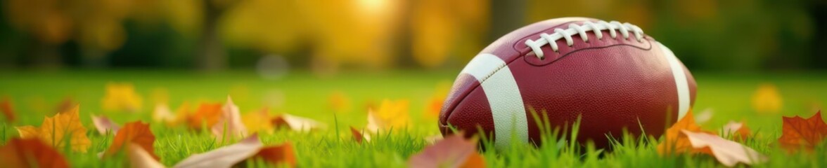 Rustic brown football rests on autumn leaves, green grass , season, leaves