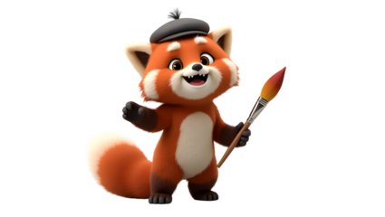 Cartoon Red Panda Holding Paintbrush with Beret Hat on Black Background