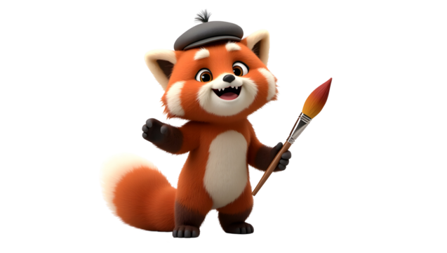 Cartoon Red Panda Holding Paintbrush with Beret Hat on Black Background