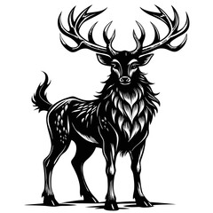 A majestic deer, antlers intricately branched, stands tall in a sun-dappled forest clearing.  Show its powerful build and regal demeanor.