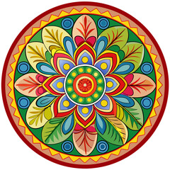 Vividly detailed close-up of a Mexican Talavera ceramic plate, showcasing its bright, hand-painted floral designs and intricate details.