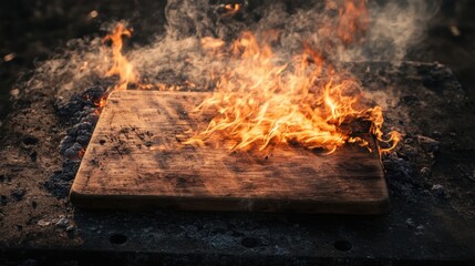 A wooden cutting board smoldering in an inferno, embers glowing, while thick plumes of smoke twist into the night sky