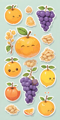 A vibrant collection of colorful stickers featuring various fruits like apples, bananas, and grapes, alongside assorted nuts such as almonds and walnuts, on a white background.