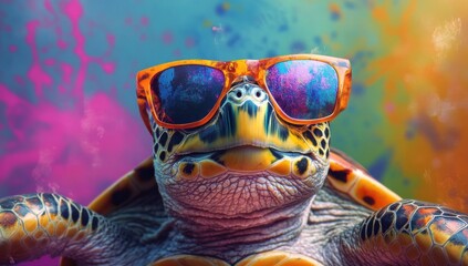 cool turtle sporting vibrant sunglasses against a whimsical backdrop showcasing a blend of playful colors and artistic splatter effects adding a touch of humor