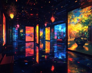 Immersive digital art gallery with vibrant holographic projections reflecting on glossy floors