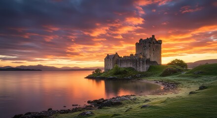 Obraz premium Eilean Donan Castle at Sunrise: A Majestic Scottish Scene